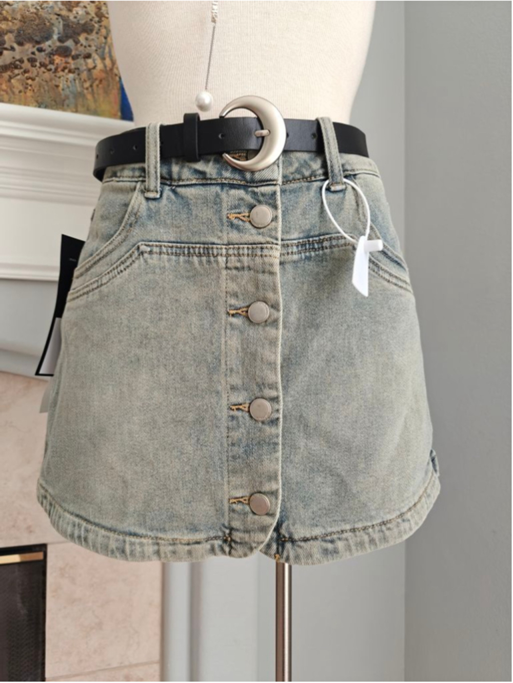 Button-Front Denim Skort with Belt | Light Wash High Rise Skort | Y2K Casual Min